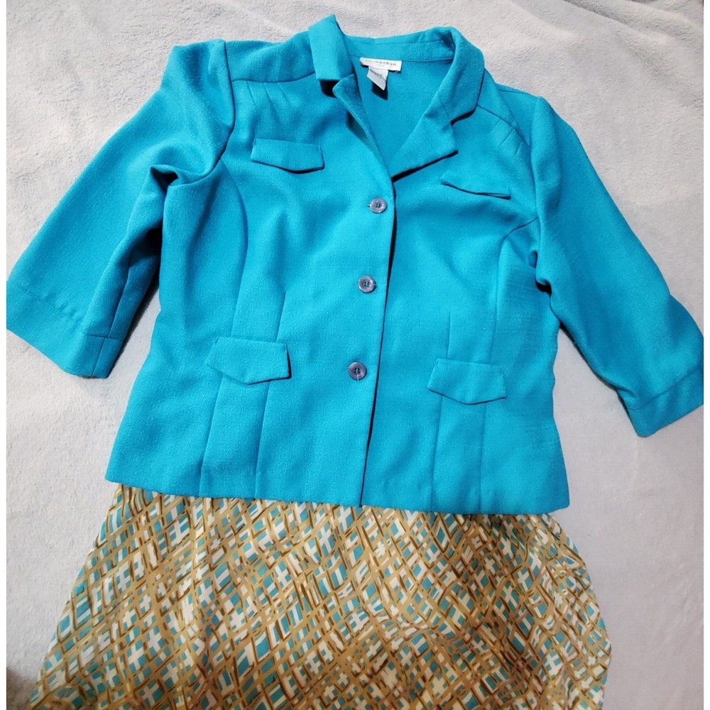 Sag Harbor Dress Skirt Suit Size 18 Teal Blazer Geometric Service Career Vintage